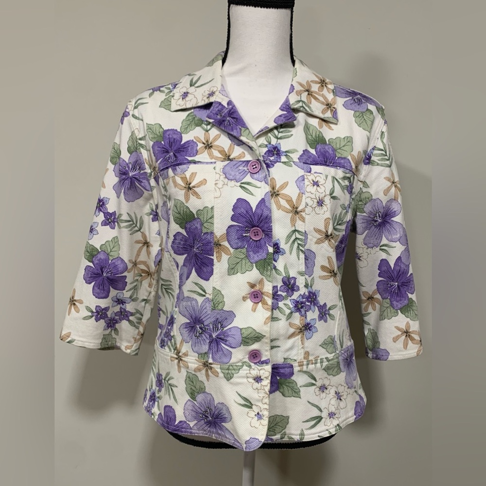 Lemon Grass Floral Blazer Jacket Button Up Womens LG 3/4 Sleeve Spring Cottage